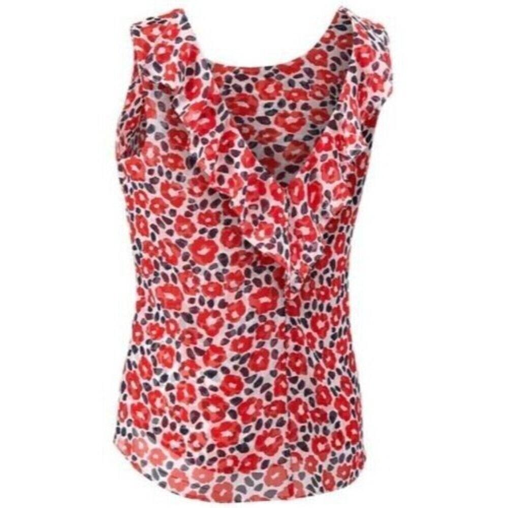 Cabi # 5356 "Flipside Blouse" Floral Print V-Neck Sleeveless Ruffle Blouse SMALL